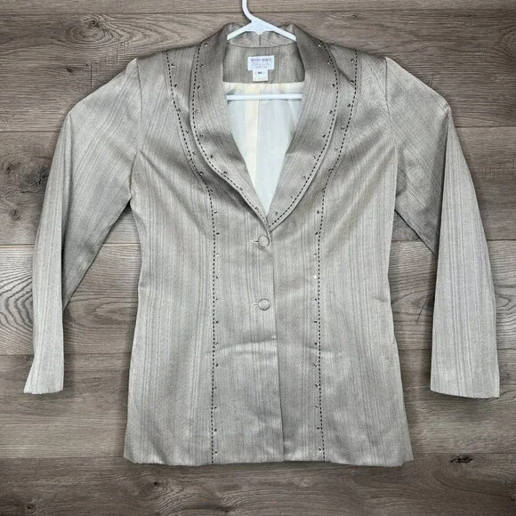 Hobby Horse Woman M Taupe Strip Blk Stitch Sequined 2 Button Western Show Jacket - Picture 2 of 11